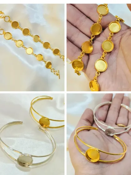This collage shows our range of bracelet bases, including multi-bezel chains and simple kadas. We offer options in both gold and silver to suit every jewelry maker's preference.