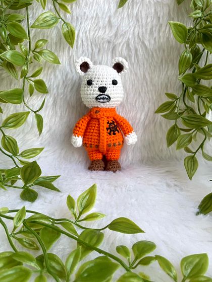 Bepo from the anime One Piece! This little bear in his orange jumpsuit was a tricky design to get right in a small size, but I'm so happy with how this anime character doll turned out.