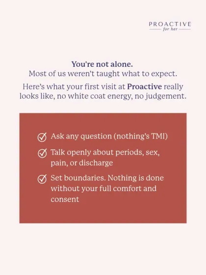 You're not alone if you weren't taught what to expect. At Proactive, there's no white coat energy. You can ask any question and set boundaries. Nothing is done without your comfort and consent.