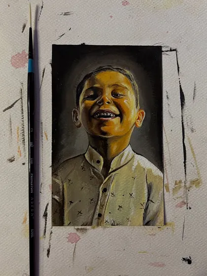 A miniature portrait of a smiling boy, capturing a moment of pure childhood joy. These are the best days of our lives, and art helps us remember them.