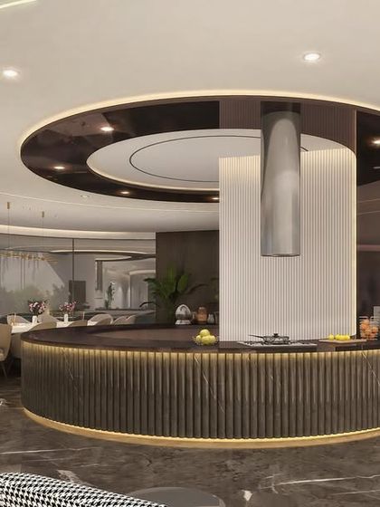 A circular bar and kitchen island form the social hub of this conceptual office space. The design uses fluted wood, marble flooring, and elegant lighting to create a high-end hospitality feel, making it a place for both work and play.