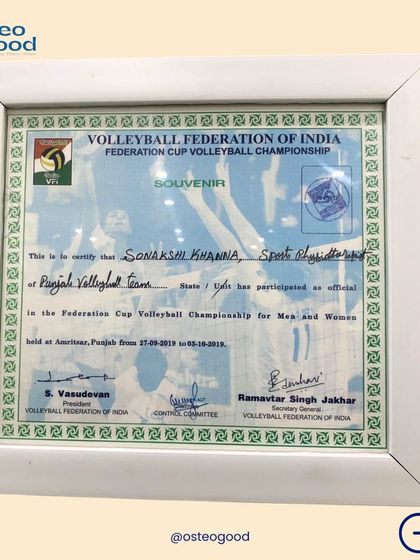 This certificate from the Volleyball Federation of India recognizes my role as a sports physiotherapist for the Punjab Volleyball Team. I have extensive experience working directly with athletes to manage injuries and optimize performance.