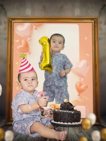 A creative composite image for a first birthday, combining a cake smash photo with a portrait. This shows the variety of digital products we can create.