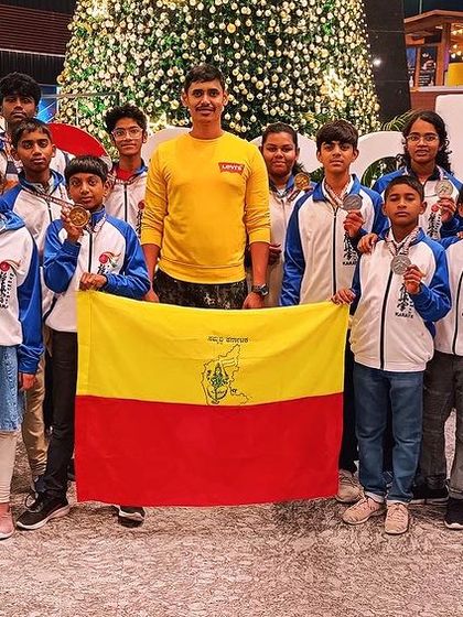 The HPKA Karnataka team, ready to represent our state at the Kyokushin National tournament. They carry our flag with pride.