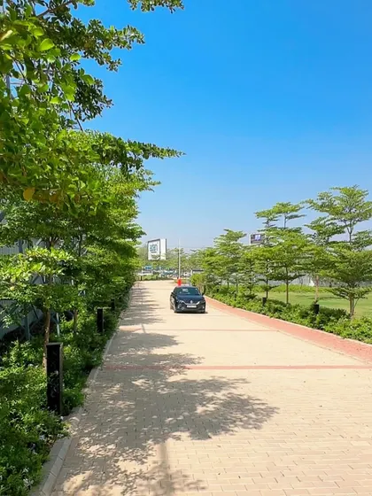 The same pathway at the Adani site, now in use. The landscaping provides a pleasant, green environment for people driving or walking through the property.