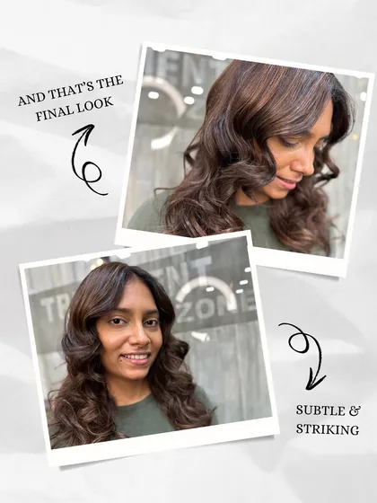 The final result of a wedding hair makeover. We created subtle and striking brown highlights with soft curls, a perfect bride-friendly look for her big day.