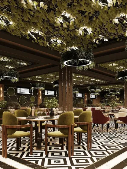 A wide-angle view of the restaurant, showing how the striking floor pattern and green ceiling unify the large space. The layout is designed to offer both open and intimate seating arrangements.