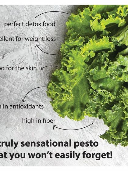 My Queen Green Kale Pesto is a truly sensational dip you won't easily forget. This graphic highlights the many health benefits of kale, which I've transformed into a delicious, flavorful pesto.