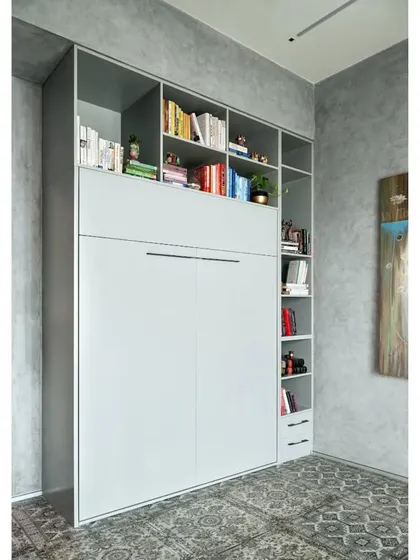 The Murphy bed unit, shown here closed, integrates seamlessly with the surrounding bookshelves, proving that functional furniture can be beautifully designed.
