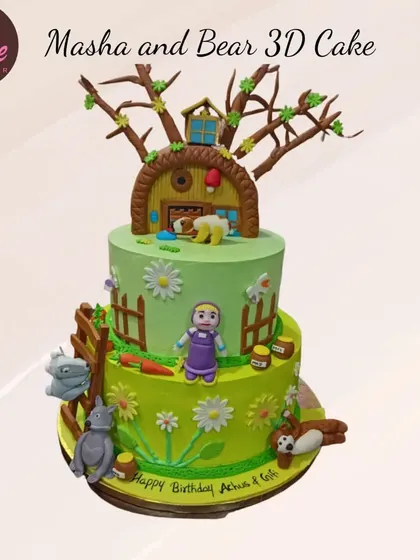 An elaborate Masha and the Bear 3D cake, featuring their iconic treehouse. This two-tiered cake is full of charming details from the beloved cartoon.