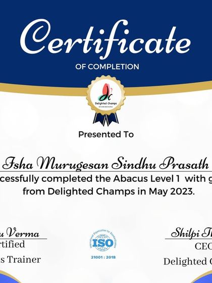 Congratulations to Isha Murugesan Sindhu Prasath for successfully completing Abacus Level 1. This is a great first step on an exciting mathematical adventure.