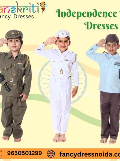 Our collection of patriotic costumes for kids, perfect for Independence Day and Republic Day events. This image shows three children dressed as soldiers from the Indian Army, Navy, and Air Force, saluting with pride.