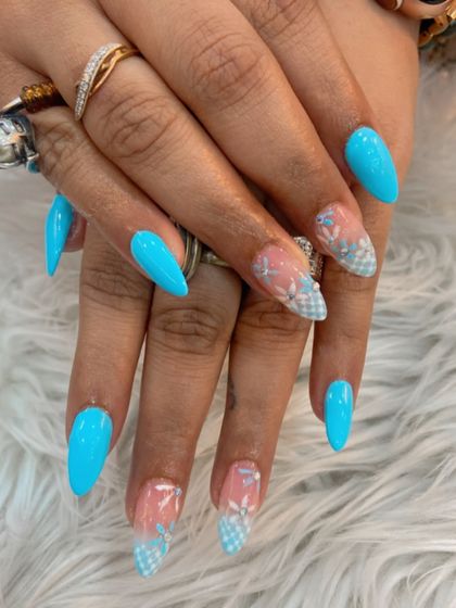 A beautiful blue set with intricate 3D floral and checkered patterns. This shows our ability to mix different textures and designs.