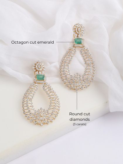 The earrings from the Heera Panna set, featuring octagon-cut emeralds and 3 carats of round-cut diamonds in a dramatic teardrop shape.