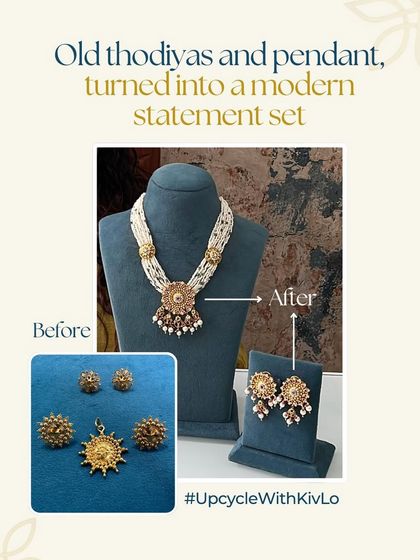 A client from Surat brought us her grandmom's old thodiyas and pendant. We turned them into this modern statement set, perfect for her daughter to wear at her chooda ceremony, carrying blessings from generations past.
