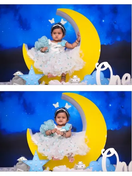 This collage shows the birthday girl in two different poses on the crescent moon. Her beautiful dress and the magical backdrop make these first birthday photos unforgettable.