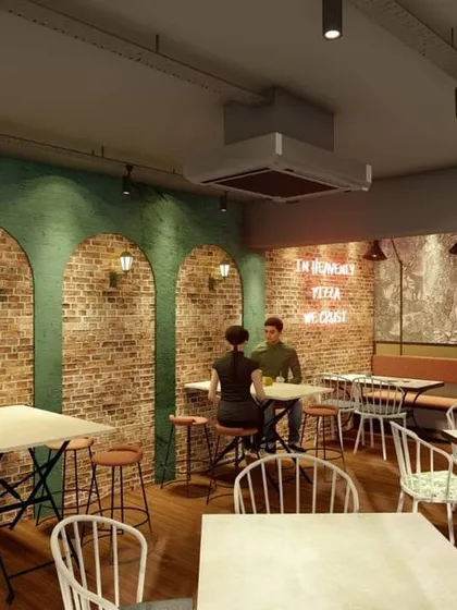 A 3D render illustrating the intended ambiance of the main dining room. This visualization shows the combination of exposed brick walls with green-painted arches, a neon sign, and the large feature mural, which we later brought to life.