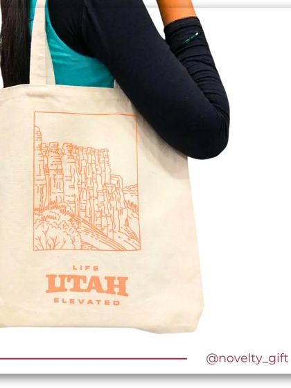 Here's how the custom tote bag looks in use. It's a practical and stylish way for people to carry your brand with them.