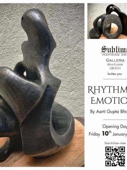 The invitation for 'Rhythm of Emotions,' a sculpture exhibition by Aarti Gupta Bhadauria at our UB City gallery. The powerful abstract sculpture is the hero of the poster.
