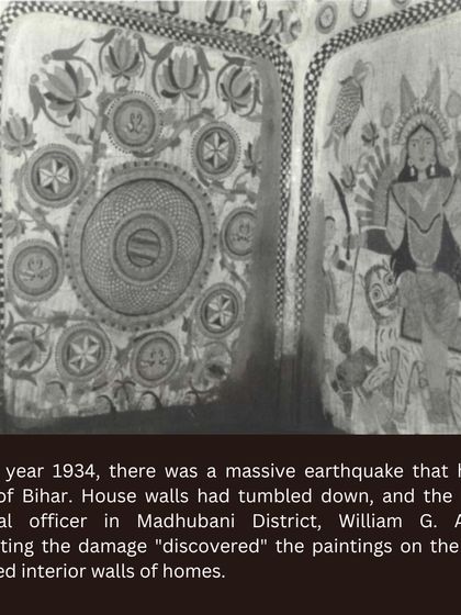 A historical fact about Madhubani art: it was 'discovered' by a British colonial officer in 1934 after an earthquake exposed the paintings on the interior walls of homes.