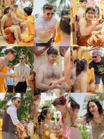 A collage capturing the fun and games of a cross-cultural Haldi in Goa. Friends and family from both sides came together for a day of laughter and celebration.