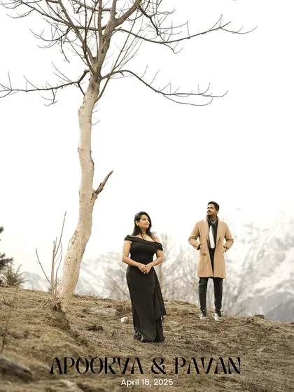 A save-the-date style portrait of a couple in Manali, with a minimalist and artistic feel.