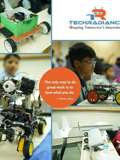 The only way to do great work is to love what you do. This collage captures the passion and creativity of our students, showcasing a variety of their robotic creations from different workshops and competitions.