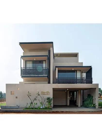 The Earth Villa at Svamitva Terravana showcases our design for holistic living. The building's form is a composition of stacked volumes, creating private balconies and shaded areas, while the use of earthy, natural materials connects the home to its landscape.