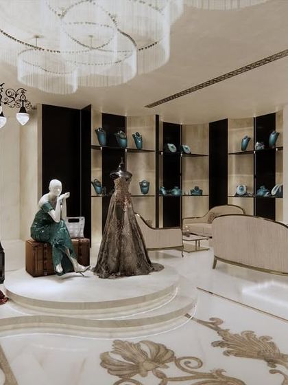This render for Frontier Bazaar, a bridal store, shows a central display area with mannequins on a raised platform. The design creates a focal point for showcasing signature gowns, surrounded by comfortable seating for a personalized shopping experience.