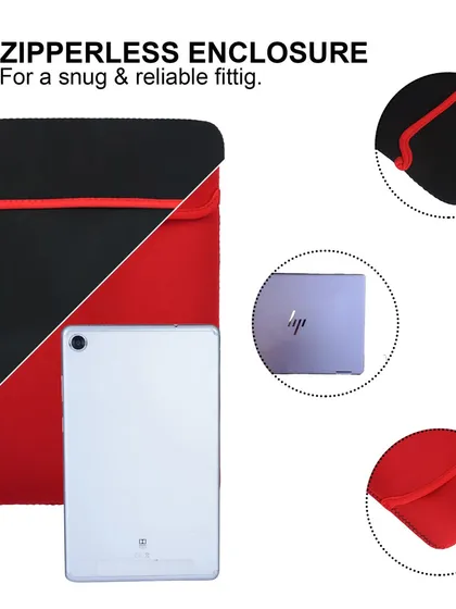 This infographic demonstrates the zipperless enclosure and shows the laptop sleeve in use, giving customers practical information about the product.