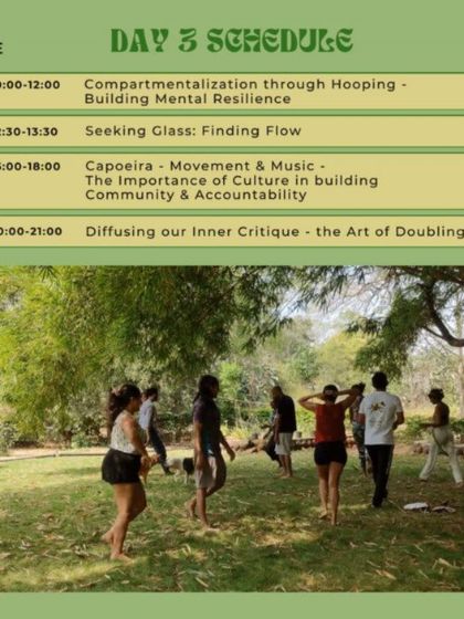 The day three schedule of our Flow Fest, highlighting the variety of sessions available, from hooping for mental resilience to Capoeira for community building.