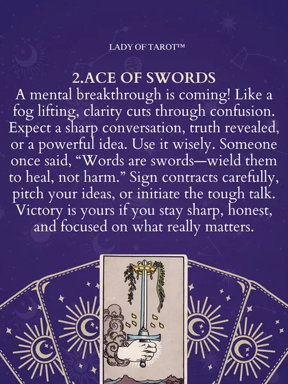 A mental breakthrough is coming with the Ace of Swords. This card signifies a moment of sharp clarity that cuts through confusion. It's a time for honest conversations and focused truth, reminding us that words are powerful tools to be wielded wisely.