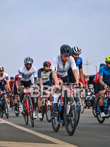 The peloton, a colorful and dynamic sight, races down the highway.