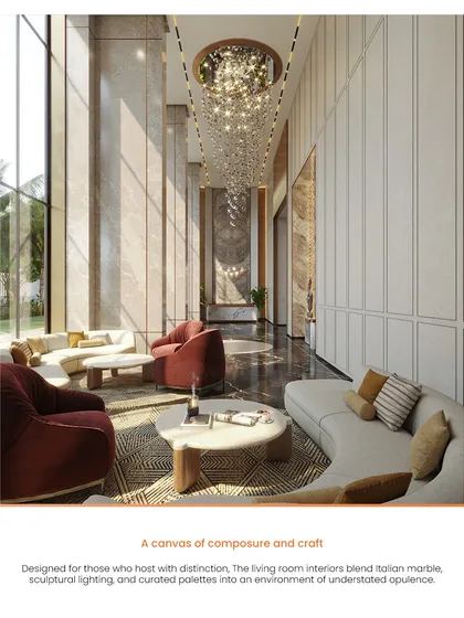 The triple-height lobby at Kutumb is designed to be a canvas of composure and craft. The interplay of Italian marble, sculptural lighting, and a curated color palette creates a grand arrival experience that blends modern luxury with timeless design principles.