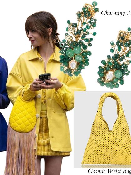 A bold, monochrome look inspired by "Emily in Paris." The all-yellow ensemble is styled with my Charming Aquilegia green stone earrings for a pop of contrast and my Cosmic Wrist Bag.