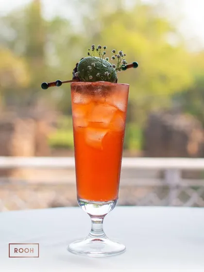A view of our macaron-topped cocktail with the Qutub Minar in the distance. It's a perfect blend of Parisian chic and Delhi heritage.