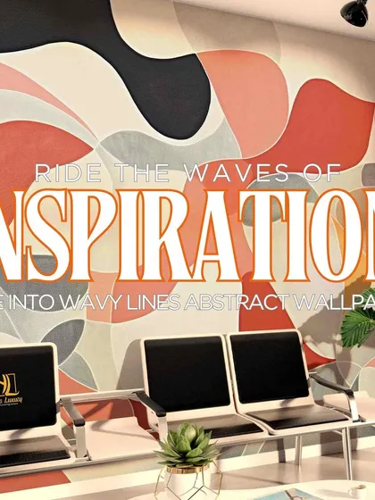 This promotional graphic showcases a wavy, abstract wallpaper in a waiting area. The fluid lines and bold colors are designed to inspire creativity and add personality to a space.