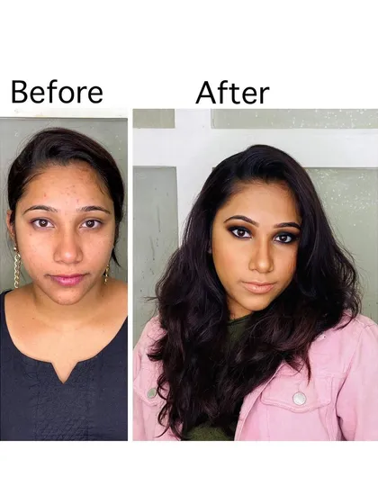 The power of makeup. This before and after shows a complete transformation into a glamorous look with a dark smokey eye, contoured features, and a soft nude lip.