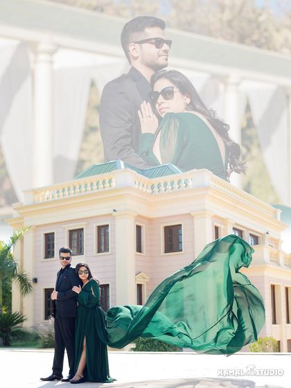 A dramatic and creative composite image, blending a grand location with an intimate portrait and a flowing gown for a truly artistic pre-wedding photo.