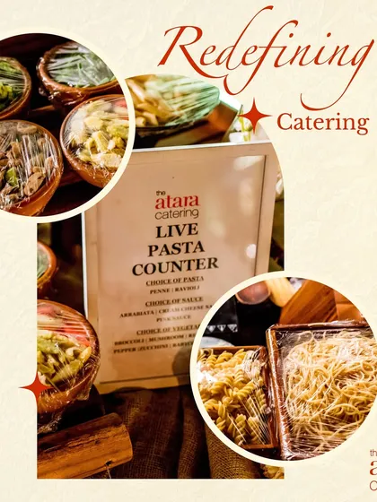 We are redefining catering with our special live stations. This image highlights our live pasta counter, showcasing the fresh ingredients and pasta varieties that elevate any event.