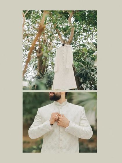 A collage showing the groom's getting-ready process, from his sherwani hanging to him buttoning it up.