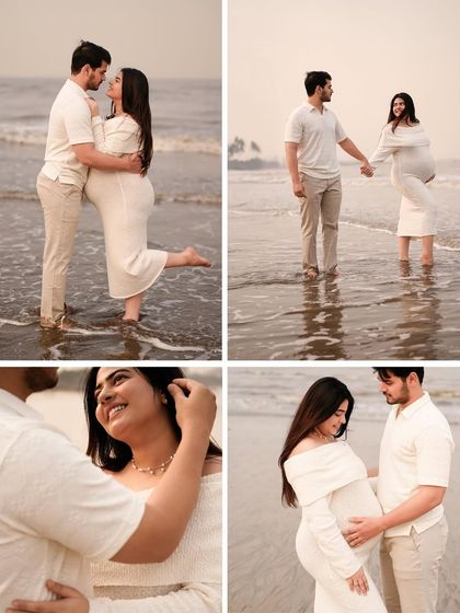 A collage of beautiful moments from a beach session, capturing playful interactions and romantic poses by the water.