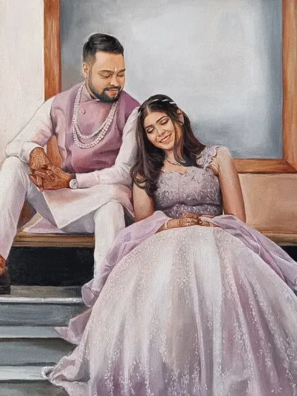 A tender moment between a couple, captured in a large 24x30 inch oil painting. The soft lavender and pink tones of their outfits create a romantic and dreamy feel.