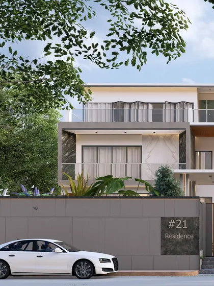 A full frontal view of the "Zen Oasis" render, showcasing the home's modern aesthetic, complete with a sleek address marker and a minimalist compound wall that complements the main structure.
