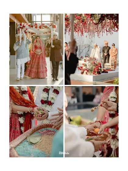 A collage of the Indian wedding ceremony, from the bride's entrance under the phoolon ki chadar to the intricate rituals at the mandap.