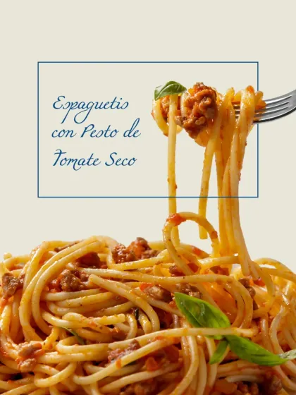 Espaguetis con Pesto de Tomate Seco. Our handmade spaghetti is tossed in a vibrant sun-dried tomato pesto, a simple yet incredibly flavourful dish that brings a taste of Italy to our menu.