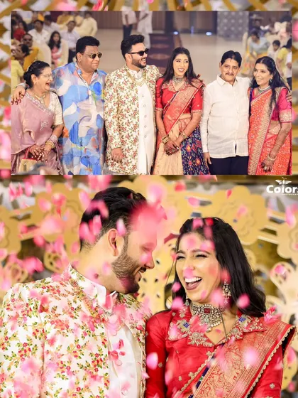 A collage combining a happy family portrait with a beautiful candid shot of the couple laughing under a shower of rose petals.