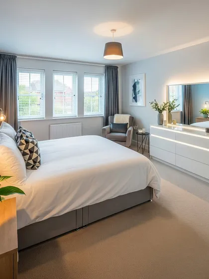 A cozy and well-lit bedroom featuring a modern vanity with integrated lighting. The room is tastefully decorated with a mix of textures, including a padded headboard and geometric-patterned pillows.