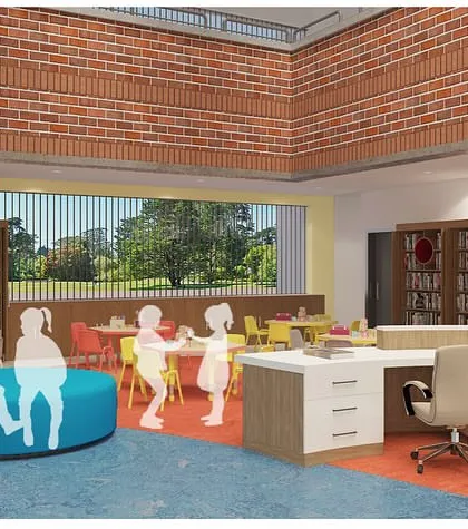 A render of a gathering area where children can interact and explore freely. We design schools with spaces that lead to casual encounters and unplanned experiences, which are vital for learning.