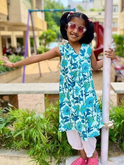 Our Pakshi Kurta set is perfect for a sunny day out. The floral block print is cheerful, and the soft cotton fabric ensures comfort. The kurta can also be worn as a dress for a different look.